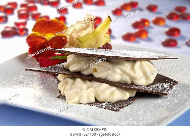 Chocolate millefeuille pastry and kaki persimon mousse