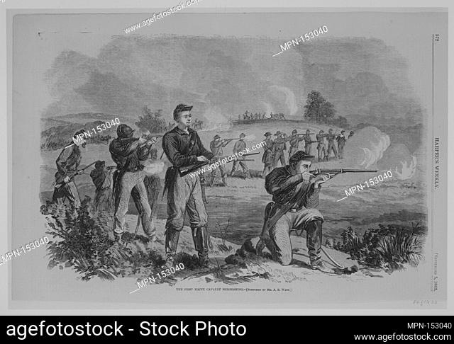 The First Maine Cavalry Skirmishing. Artist: Alfred Rudolf Waud (American (born England), London 1828-1891 Marietta, Georgia); Date: 1845-91; Medium: Wood...