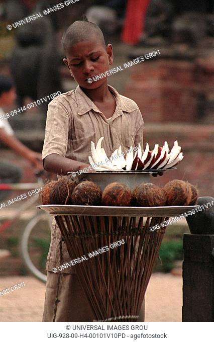 Nepal, Kathmandu. Coconut Vendor