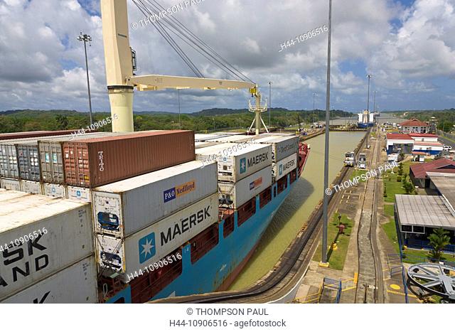 Container ship passing through Gatun Locks, Panama Canal, Panama
