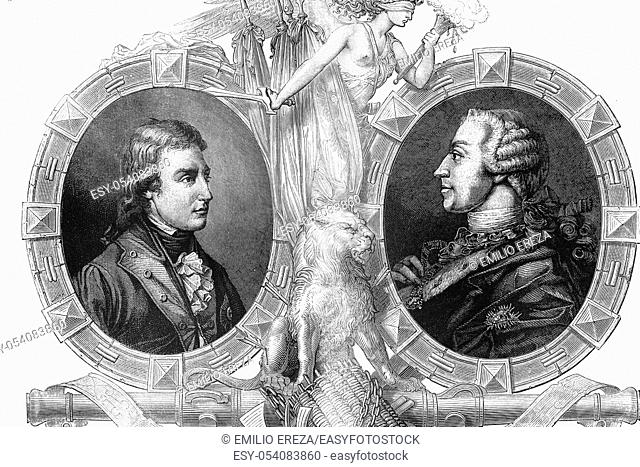 Left: Frederick William II of Prussia. King of Prussia. Born 1744, died 1797. Right: Victor Amadeus III of Sardinia. King of Sardinia and duke of Savoy