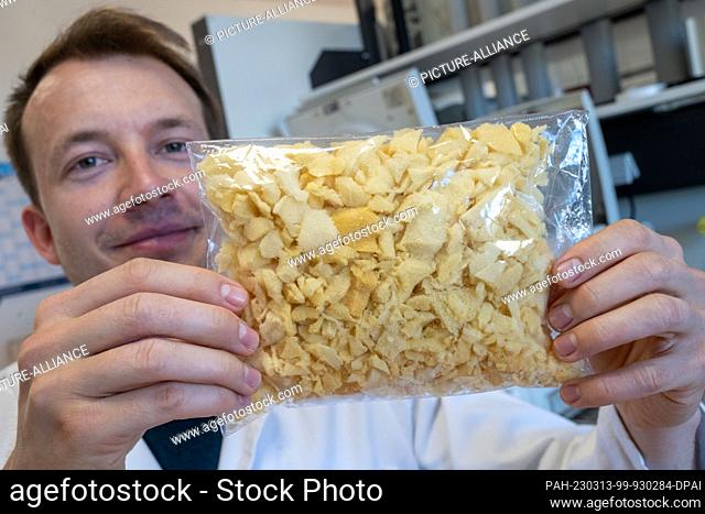 27 February 2023, Mecklenburg-Western Pomerania, Greifswald: Yannick Branson from the Institute of Biochemistry at the University of Greifswald shows scraps of...