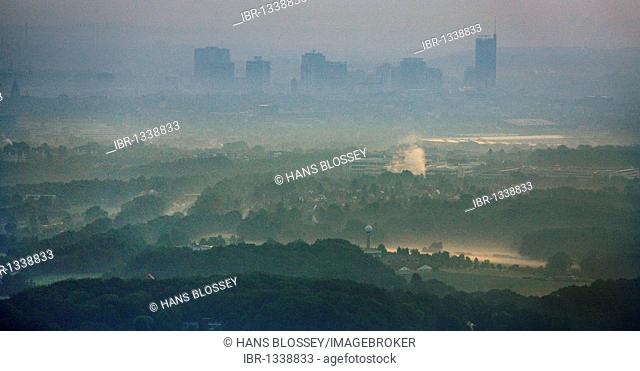 Aerial photo, Ruhr River with morning mist and ground fog in the Ruhr Valley, skyline of Essen, Werden and Kettwig, Essen, Ruhr area, North Rhine-Westphalia