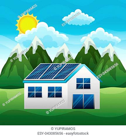 landscape mountains house with panel solar in roof - energy clean vector illustartion