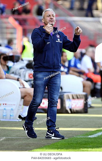 Aue's coach Pavel Dotchev during the German 2nd Bundesliga soccer match between Karlsruher SC and FC Erzgebirge Aue in Wildparkstadion in Karlsruhe, Germany
