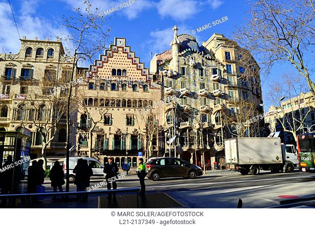 Amatller House by Puig i Cadafalch. Batllo House by Antoni Gaudi­. Passeig de Gracia, Barcelona, Catalonia, Spain