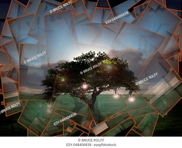 Surreal digital art. Tree with light bulbs symbolizes knowledge and ideas