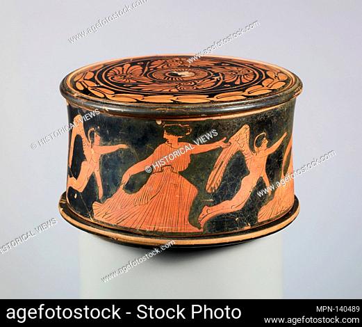 Terracotta pyxis (box). Period: Classical; Date: ca. 425-400 B.C; Culture: Greek, Attic; Medium: Terracotta; red-figure; Dimensions: H
