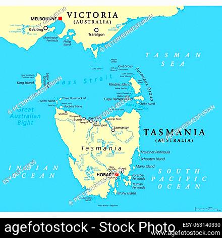 Tasmania and the surrounding area, political map. Australian island state with capital Hobart, south of state Victoria and of Australian mainland