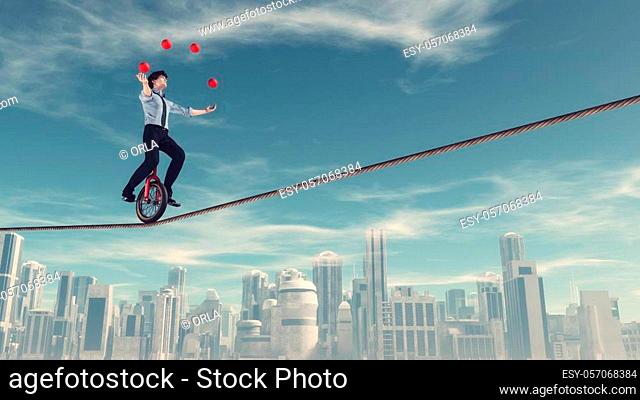 Man ride a mono cycle and balancing a slackline while juggling, with a city in the background. This is a 3d render illustration