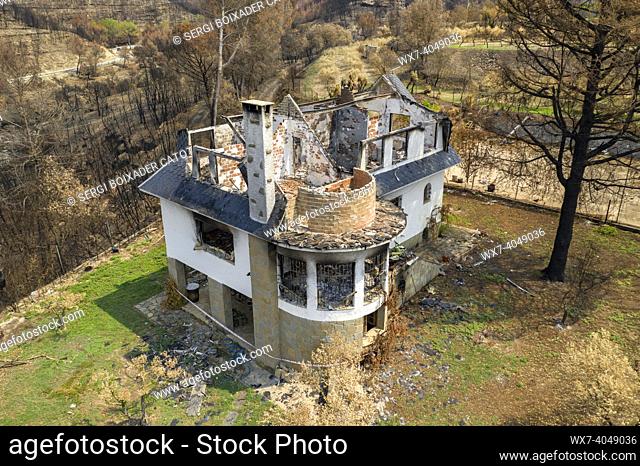 House burned and calcined by the 2022 Pont de Vilomara wildfire (Bages, Barcelona, Catalonia, Spain)