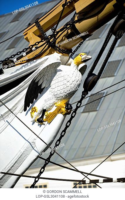 England, Kent, Chatham. The figurehead of HMS Gannet, a sloop of the Victorian Royal Navy at The Historic Dockyard Chatham