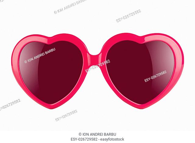 A pair of pink heart shaped sun glasses with violet lenses isolated on white background