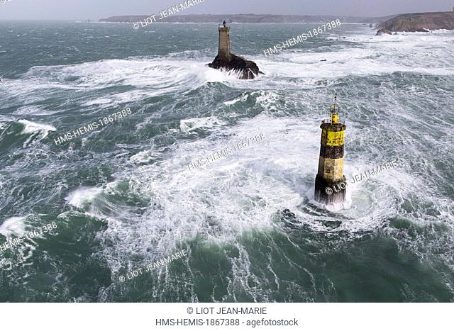 France, Finistere, Iroise Sea, February 8th 2014, Britain lighthouse in stormy weather during storm Ruth, la Vieille lighthouse and Plate tag (aerial view)