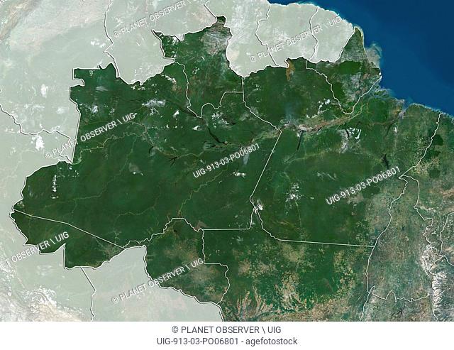 Satellite view of the North Region of Brazil (with administrative boundaries and mask). It is composed of the states of Acre, Amapa, Amazonas, Para, Rondonia