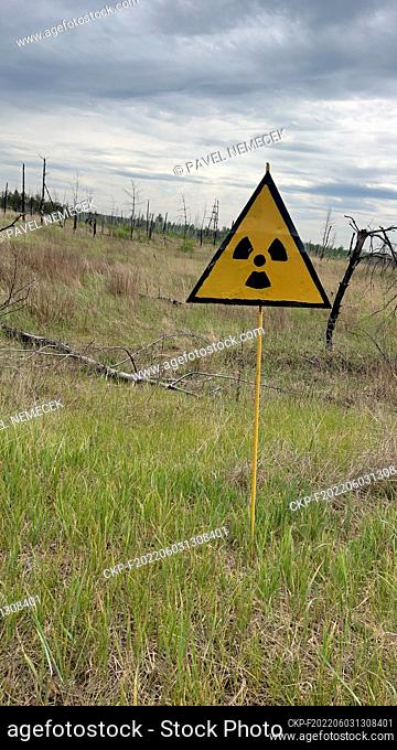 An international ionizing radiation trefoil symbol is pictured at the Red Forest in the Chornobyl Exclusion Zone after the withdrawal of Russian troops near the...