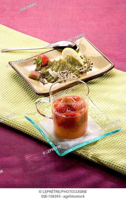 Strawberry soup with stewed rhubarb, white chocolate puree