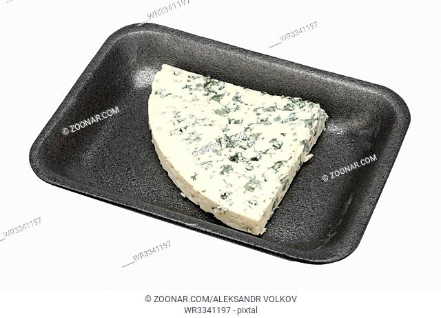 The standard plastic container with a piece of smelly fat cheese with a blue mold. Isolated with patch