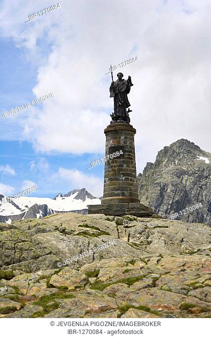 The statue of Saint Bernard, Grand Saint-Bernard, Great St Bernard Pass, Col du Grand-Saint-Bernard, Colle del Gran San Bernardo, Pennine, Valais Alps, Italy