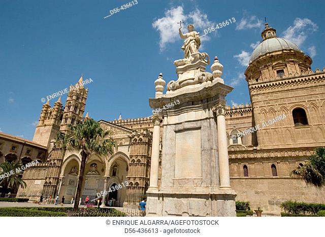 Cathedral and statue of patron Saint Rosalia at fore, Palermo. Sicily, Italy