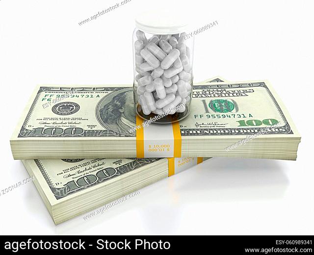 White pills on top of dollar bills bundle. High cost of healthcare concept