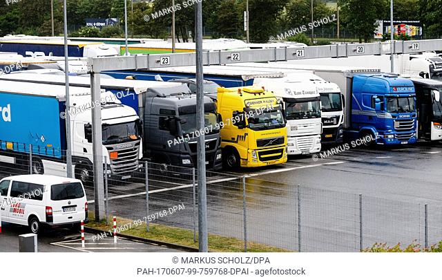 Lorries queue in front of the entrance to the ferry harbour in Puttgarden, Germany, 7 June 2017. The ferry service between Puttgarden and Rodby (Denmark) was...