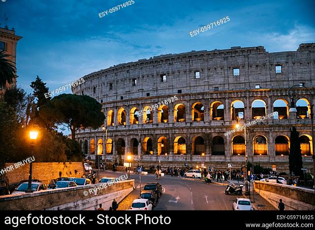Rome, Italy. Colosseum Also Known As Flavian Amphitheatre In Evening Or Night Time