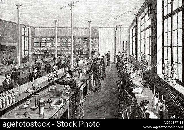 New school of industrial physics and chemistry in the city of Paris 1884, France. Europe. Old 19th century engraved illustration from La Nature 1883