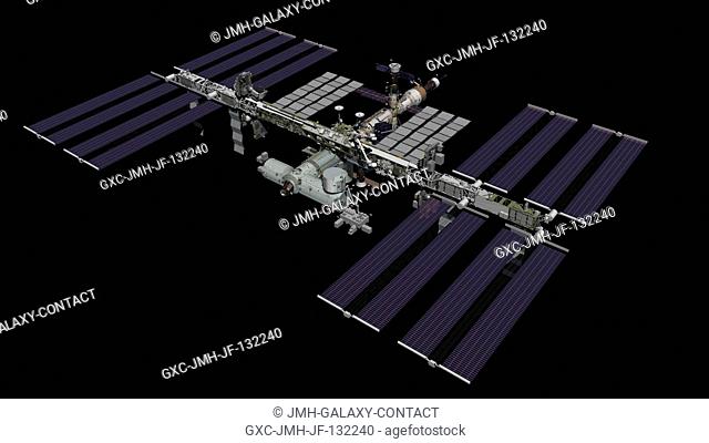Computer-generated artist's rendering of the port view of the complete configuration of the International Space Station as of July 18, 2011