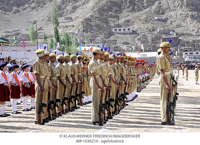 Indian soldiers from the base camp, Kashmir conflict, at a parade on Independance day, 15th September, on a former polo field in Leh, Ladakh, North India