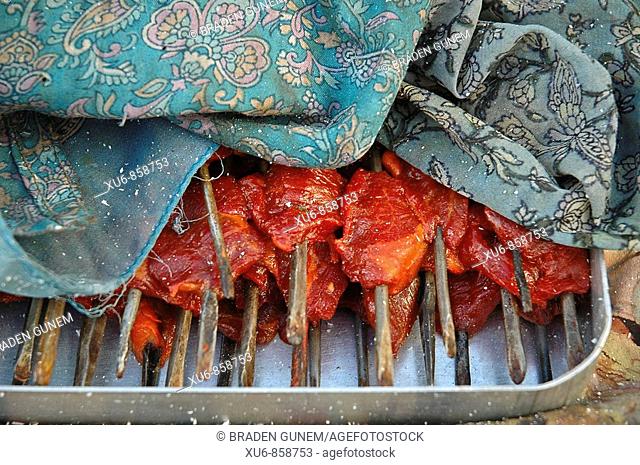 Mutton shish kabobs for sale in Leh, Ladakh, India