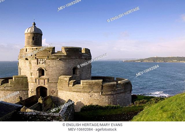 St Mawes Castle, Cornwall. View of the Castle with sea and headland beyond