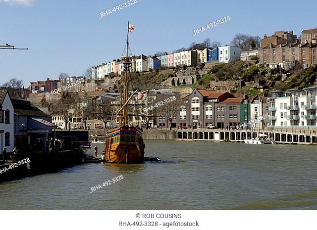Harbour view to Hotwells with replica sailing ship The Matthew, Bristol, England, United Kingdom, Europe
