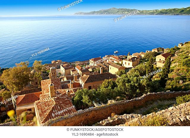Arial view of Monemvasia  eµßasa  Byzantine Island catsle town with acropolis on the plateau  Peloponnese, Greece