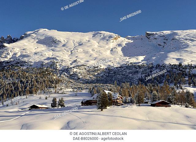 The Platzwiese refuge and a hotel, snowy landscape, Platzwiese, Prags, Puster valley, Trentino-Alto Adige, Italy