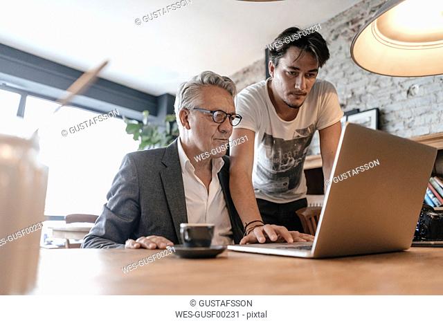 Father and son working together in cafe, using laptop