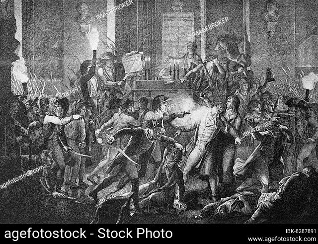 The arrest of Robespierre in the meeting room of the municipal council of Paris during the night of the 9th to the 10th Thermidor (the eleventh month of the...
