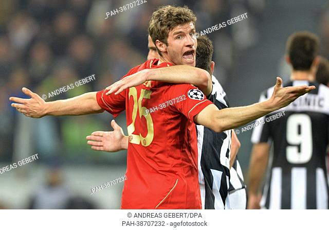 Munich's Thomas Mueller reacts during the UEFA Champions League quarter final second leg soccer match between Juventus Turin and FC Bayern Munich at Juventus...