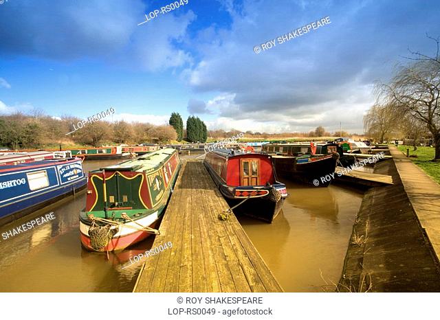 England, Cheshire, Anderton Marina, Barge's moored at Anderton Marina. The Marina is adjacent to the famous Anderton Boat lift and situated just outside the...