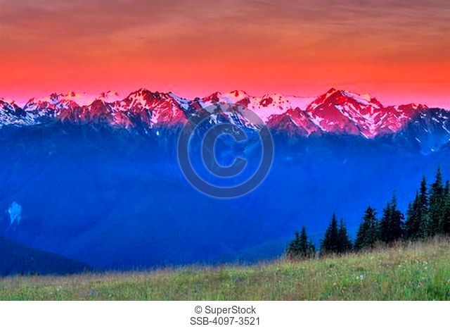 Low angle view of mountains at sunrise, Hurricane Ridge, Olympic National Park, Washington State, USA