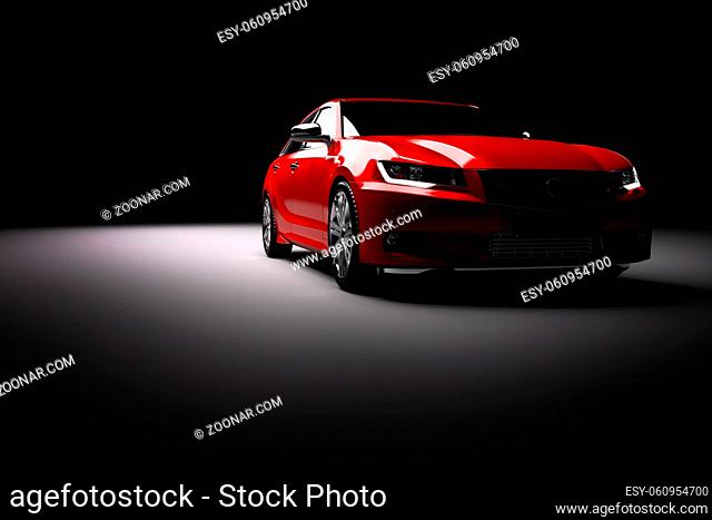 Modern new red metallic sedan car in spotlight. Generic contemporary desing, brandless. 3D rendering