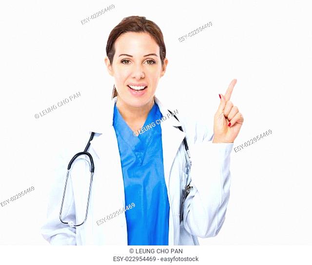 Woman doctor with finger point up