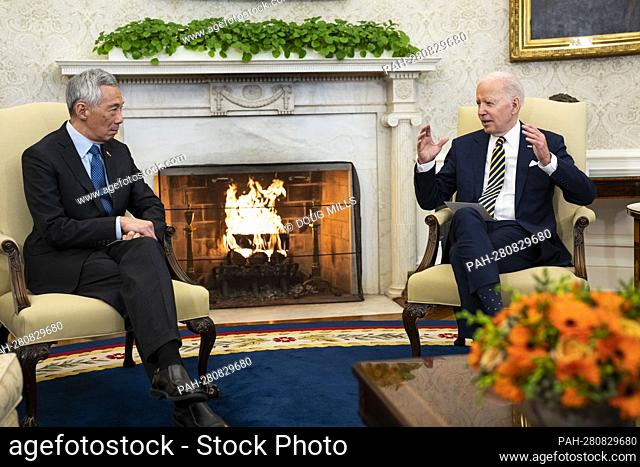 United States President Joe Biden meets with Prime Minister Lee Hsien Loong of Singapore, in the Oval Office of the White House in Washington, DC, Tuesday