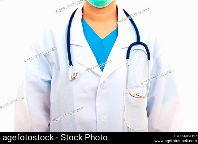 A confident female nurse standing with stethoscope, woman doctor in white uniform, studio shot isolated on over white background, medical health concept