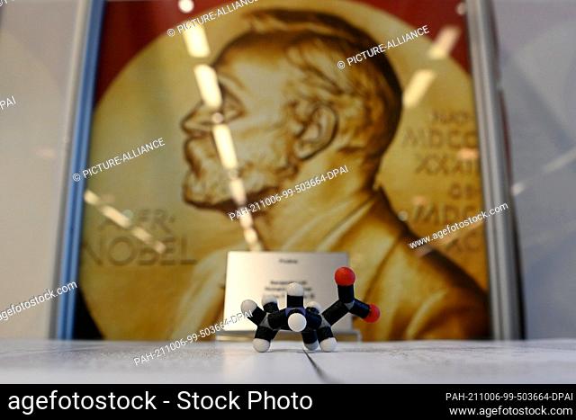 06 October 2021, North Rhine-Westphalia, Mülheim An Der Ruhr: The model of a proline molecule that Benjamin List worked on stands in a display case outside a...