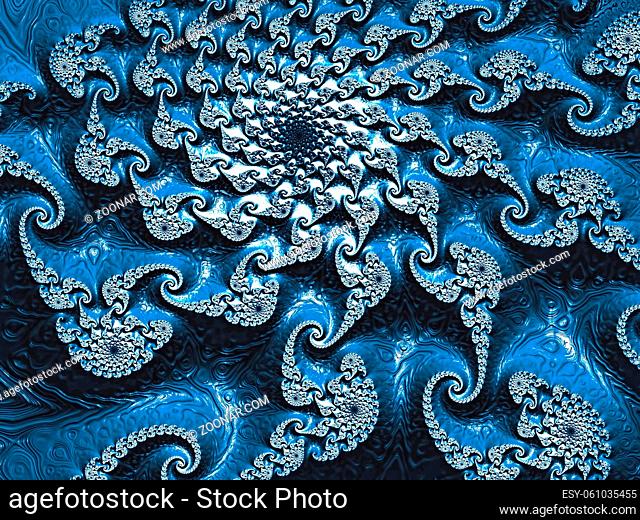 Spiral fractal background - abstract computer-generated image. Digital art: curls and helix on a textured blue surface. For prints, web design, covers