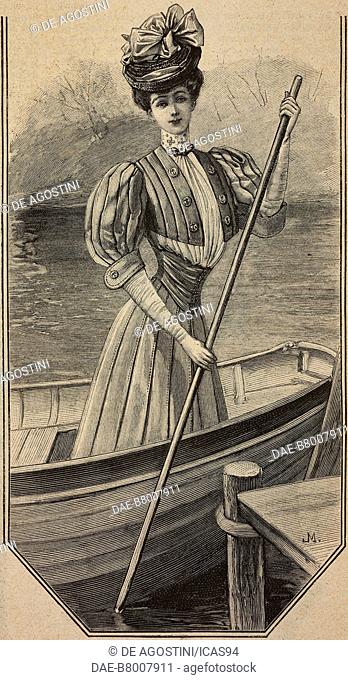 Young woman in a boat, wearing a simple dress with puffed sleeves, engraving from La Mode Illustree, No 29, July 22, 1906
