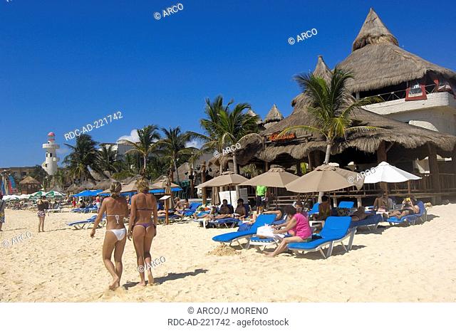 Vacationists at beach, Playa del Carmen, Quintana Roo, Yucatan, Mexico, lighthouse and restaurant El Faro