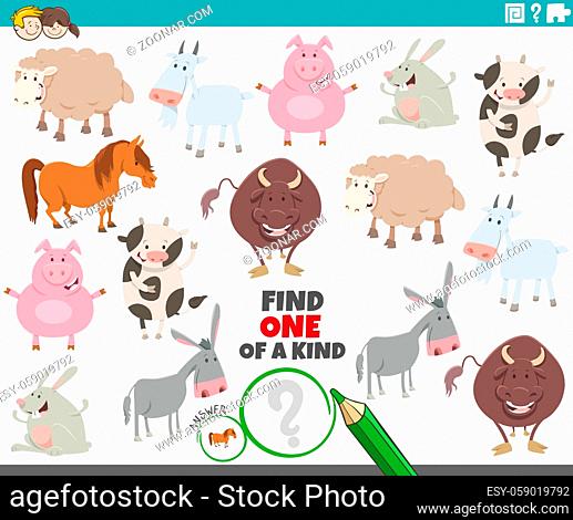 Cartoon illustration of find one of a kind picture educational game with funny farm animal characters