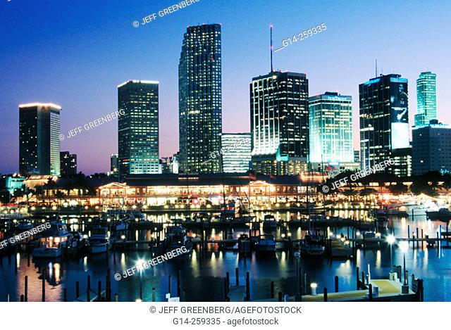 Downtown skyline, Biscay Bay, view from Port Boulevard Bridge at dusk. Miami, Florida. USA
